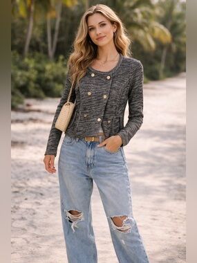 Vintage Juicy Couture Gray Space Dyed Double Breasted Ruffle Back Cardigan P